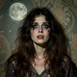 a handsome but creepy woman in layers of fear, with haunted eyes and wild hair, 1 9 7 0 s, seventies, wallpaper, a little blood, moonlight showing injuries, delicate embellishments, painterly, offset printing technique, by jules bastien - lepage
