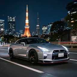 wideshot of a nissan skyline gtr driving in tokyo at night, highly detailed, 4k photo, shot with sony alpha