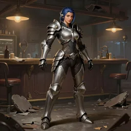 hyper detailed ultra sharp full body character portrait of a woman in hextech armor standing in a destroyed dive bar doing an action pose, realistically proportioned face, cinematic lighting, good value control, smooth, realistic shading, realistic face details, smooth, highly detailed, digital painting, painted texture maps, illustration, art by studio fortiche, painted texture maps, substance painter,