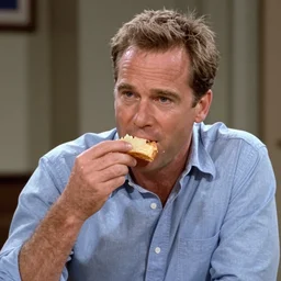 1 9 9 0 s television still of kelsey grammer as frasier eating tossed salad and scrambled eggs while hosting a radio show in a recording booth.