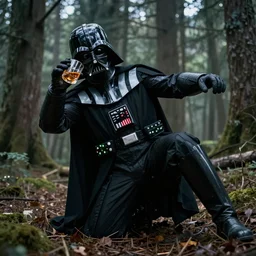 film still of Darth Vader drinking whiskey and stumbling through a forest, artstation, 4k, high quality