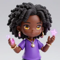 ! dream black girl dark nendoroid skin black girl with curly hair and amber eyes wearing purple t shirt, african american, jewelry and magic powers by loish, african american girl, dark brown skin