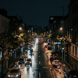 a city street at night, raining, photograph, cars on the road,