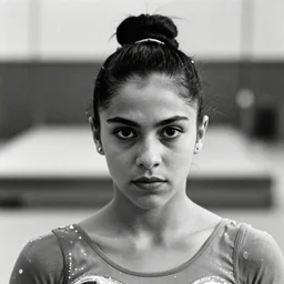 black and white photo of a single young mexican woman gymnast, menacingly staring at the camera, by josef koudelka, analog photography