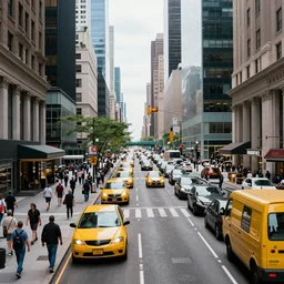 a busy city street, digital art, highly detailed, realistic, bright colors, 8 k