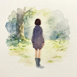 simple watercolor, rough paper texture, ghost in the shell movie scene, backlit distant shot of girl in a parka