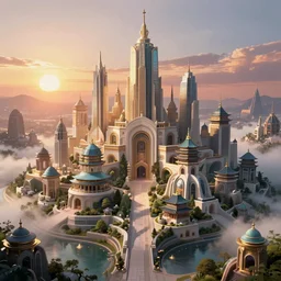 detailed art on artstation, Utopia, sunrise over the perfect city-state, futuristic+natural-beauty, Greek+Japanese architecture, futuristic, utopian