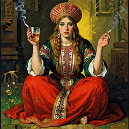 russian slavic goddess squatting with whiskey in one hand and a cigarette in the other hand. in vibrant color by gustave dore, colors by and greg rutkowski and wlop, bold colors, detailed, cinematic, artstation, 4 k, intricate, rule of thirds.