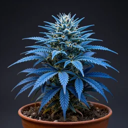 a photograph of a blue cannabis fantasy futuristic beautiful dangerous sci fi hybrid tropical desert mutant weird exotic poisonous flora plant in a pot, hyper realism, octane render, 8 k, hyper detailed, vivid, ultra detailed, highly detailed