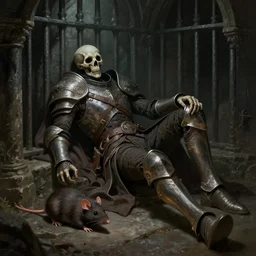 a beautiful detailed concept art of a dead paladin in a catacomb jail. a rat on his side. dungeon. volumetric lighting. rutowsky, craig mullins.