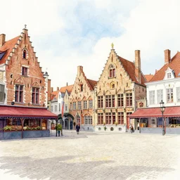 The town square of Bruges, watercolor illustration, very detailed.