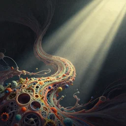editorial illustration by karolis strautniekas and mads berg, melting disintegrating flowing curvilinear sacred cellular, colorful, fine texture, detailed, muted colors, film noir, dramatic lighting, dynamic composition, vivid, matte print, wide angle, ( ( sunbeams ) ), moody, extreme perspective