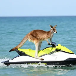 a kangaroo riding a jet ski