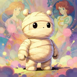 a vibrant emotional animation key shot of cute mummified robot, studio ghibli, pixar and disney animation, sharp, disney concept art maximalist splatter paint illustration by shinji kimura and alphonse mucha and alena aenami, pastel color palette, bloom!!, dramatic lighting