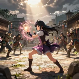 Photorealistic anime, a young sorceress fights a battle using her magic, village square background