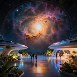 spaceship viewing deck, beautiful nebulas, dramatic warm and cold lighting. by zaha hadid and airbus, families, plants, architectural photography, 8 k, realistic lighting, reflections, bloom, hyperdetailed environment, pbr materials.