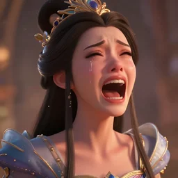 medium close up of princess screaming out crying, tears down face, intricate clothing, fantasy, headpiece, digital 2 d illustration, 4 k, hyperealistic, octane renderer, artstation trending, warm cinematic moody lighting, reflections, particles, style of dropdeadcoheed, tom bagshaw, wlop, jeremy lipkin, vurdem, artgerm