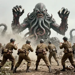 ww 2 photograph, 1 9 4 3, american marines fighting a cthulhu monster in france, colorized, historical photograph