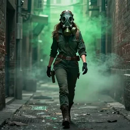 badass woman in a gas mask walking oh out of a green haze In an alley by Emmanuel Lubezki