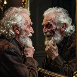 old man lookin in the mirror at an evil twisted version of himself