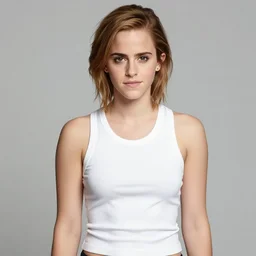 a 4 k photo of emma watson wearing a short tight white tanktop and jeans shorts, sitting in a convertible car
