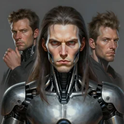 portrait, augmented cybernetic metal band member, stern expression, long hair, highly detailed, digital painting, artstation, concept art, smooth, sharp focus, illustration, artgerm, tomasz alen kopera, peter mohrbacher, donato giancola, joseph christian leyendecker, wlop, frank frazetta