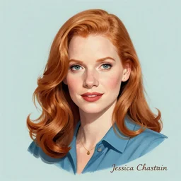 “Jessica Chastain portrait, color vintage magazine illustration 1950”