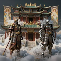 dreamland of chinese ancient architecture in clouds from chinese myth, fantastic colors, ancient japanese, luxurious armor mixed with leather and metal, gothic diablo art, rococo art, cyberpunk, mecha, ominous, intricate, studio, art by anthony macbain + greg rutkowski + alphonse mucha, concept art, 4 k, sharp focus
