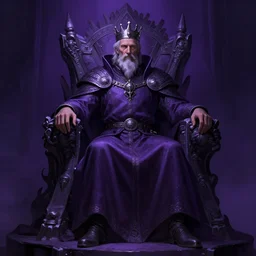 a full length portrait of an old medieval king on the cyberpunk throne, dark purple color scheme, grim - lighting, high - contrast, intricate, elegant, highly detailed, digital painting, artstation, concept art, smooth, sharp focus, illustration