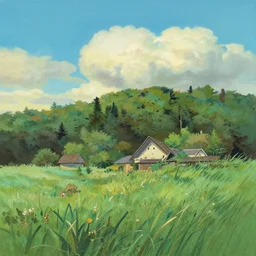 landscape by miyazaki, gouache painting by disney