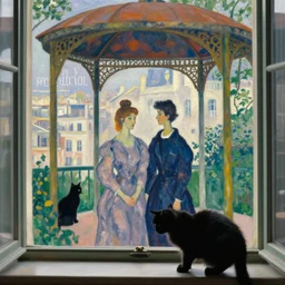 couple under a baldachin with city seen from a window frame. fuzzy black cat. henri de toulouse - lautrec, utamaro, matisse, monet, rene magritte