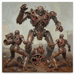 thick acrylic paint of flayed god machines battles, cluster battle chaos, intricately macerated by age, sentient, dethroned goliath machine, whipping blood turbines, hydrocracking battles, rusted, macerated, eviscerated by fimbria wires, bicornate fungal pit, trash patina sheen rotting, by alberto bontempi, simon bisley & boris