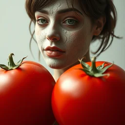 an anthromorphic full body portrait of a tomato with emma stone face, hyperdetailed, volumetric lightening