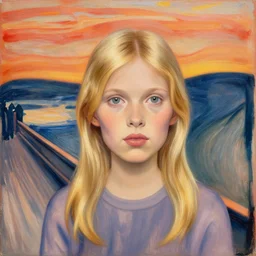 by victor nizovtsev, by edvard munch ornamented. a computer art of a young girl with blonde hair, blue eyes, & a pink dress. she is standing in a meadow with flowers & trees.
