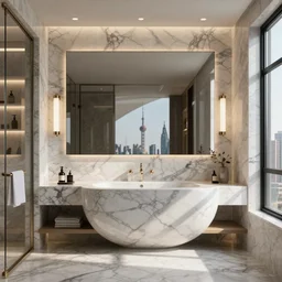 premium bathroom design, inspired by metroid prime, made of marble, chicago, shanghai, penthouse