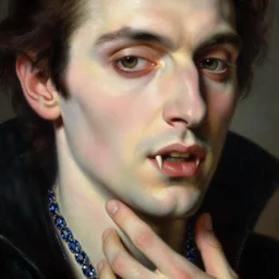 a renaissance oil painting close shot face portrait by alma tadema of a demon vampire fangs steve buscemi touching neck, sapphire jewellery, colourful pastel, detailed academic bouguereau, sharp focus, high contrast studio lighting