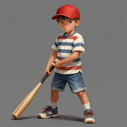 a young boy wearing a horizontal striped shirt and a red baseball cap and jean shorts, holding a baseball bat, digital painting, artstation, concept art, sharp focus, octane render, illustration, art by tomer hanuka,