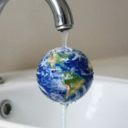 a drop in the shape of planet earth coming out of a water faucet