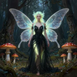 stunningly beautiful female faerie priestess in amanita muscaria forest landscape, symmetrical wings on back, neon hair, fantasy art, wearing a dress of gossamer black, inner glow, illustration, dramatic lighting, soft details, painting, art nouveau, octane render, 8 k, hd, by edmund blair leighton, brom, charlie bowater, faces by otto schmidt