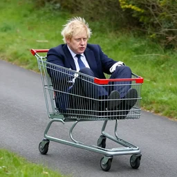 Boris Johnson sitting inside a shopping-cart sliding downhill a very steep road, anatomically correct