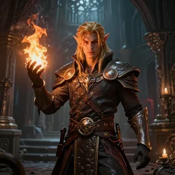 A fantasy comic book style portrait painting of a half-elf fire magician in a eerie dungeon setting, unreal 5, DAZ, hyperrealistic, octane render, RPG portrait, ambient light, dynamic lighting