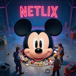 top view on the head of mickey mouse inside the hangar repairing by people, netflix neon logo on the background, the concept art of eddie mendoza, greg rutkowski and artgerm