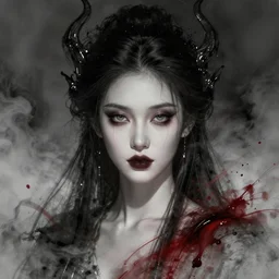 realistic portrait of a death queen, facing camera, fog, blood trails, delicate, hyper realism, 1 4 5 0, ink, ultra realistic, mystic, mysterious, 8 k