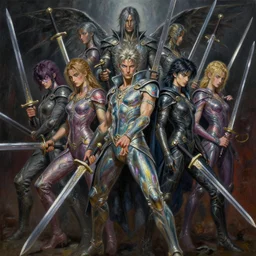 iridescent human deities with swords, cinematic, by Stanley Artgerm Lau, WLOP, Rossdraws, James Jean, Andrei Riabovitchev, Marc Simonetti, Yoshitaka Amano, Zdzisław Beksiński, ayami kojima, oil on canvas, digital painting, trending on ArtStation, CGSociety CG Awards, rtx on, high detail, ultrarealism, high dynamic range, ambient occlusion, realistic materials, quixel megascans
