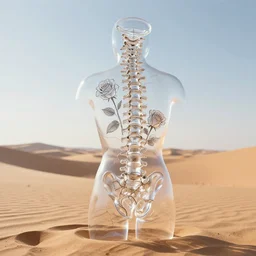 transparent digital art of a human spine + roses + kintsugi!!!, serene desert setting, transcendent, clean linework, dramatic, finely detailed, 4 k, trending on artstation, photorealistic, volumetric lighting, octane render