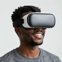 A black man with black hair wearing a vr headset, smiling, realistic, ultra HD