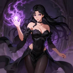 a voluptious sorceress with cleavage, tiny waist and wide hips, wearing black clothes and casting a powerful spell, painted by Sakimichan and LeraPI, SFW, trending on ArtStation