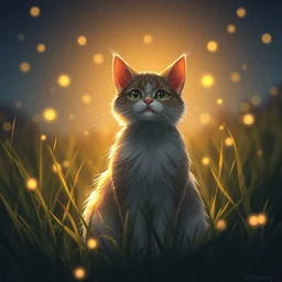 a cat in a grass field at night with fireflies, backlighting, trending on artstation, furry art, by kawacy, warm lighting, digital art