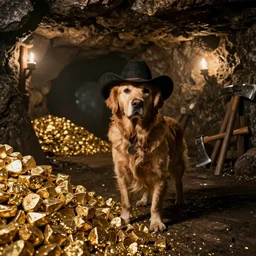 a dirty golden retriever in a dimly lit gold mine with large piles of gold nuggets and wearing a black western hat and jacket, dim moody lighting, wooden supports and wall torches and pick axes, cinematic style photograph