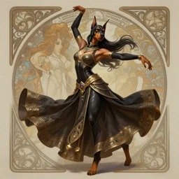 full body photography of a female anthropomorphic doberman dancer, deep focus, d & d, fantasy, intricate, elegant, highly detailed, digital painting, artstation, concept art, matte, sharp focus, illustration, hearthstone, art by artgerm and greg rutkowski and alphonse mucha